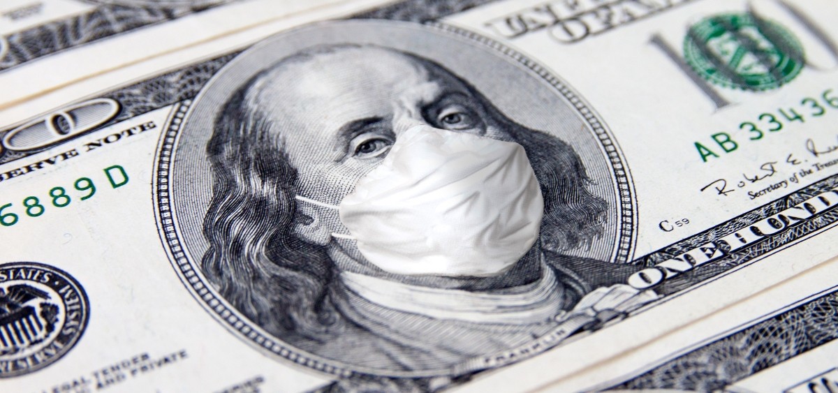 One Hundred Dollar money bill. Benjamin Franklin with face medical mask. COVID-19 coronavirus USA, Economy world crisis.