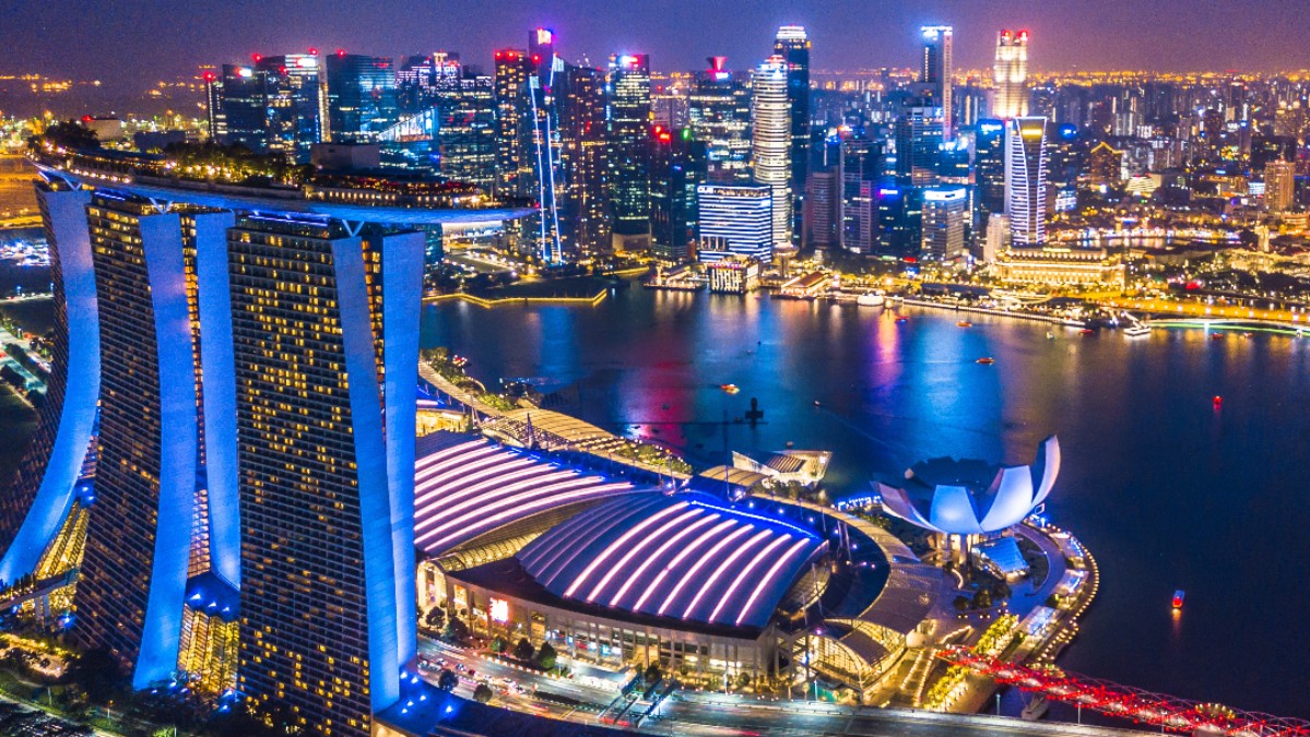 Aerial top view Singapore city skyline.